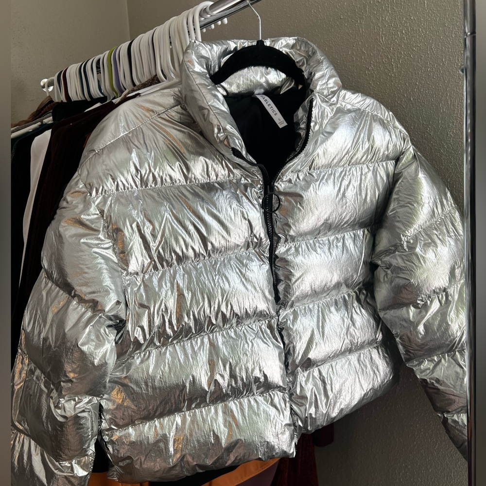 Fabletics Metallic Silver Puffer Coat